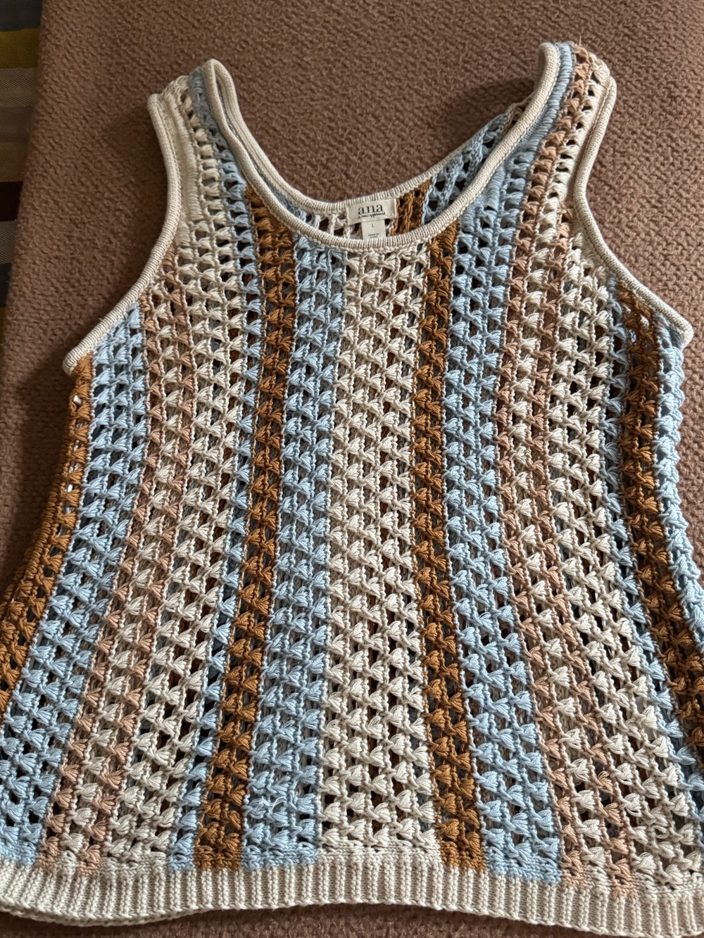 a.n.a Striped Crochet Tank Top — Blue, Beige & Brown Sz L